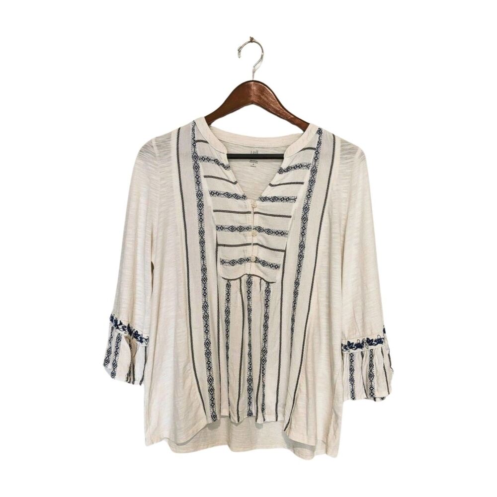 White Blue Emb J Jill M Crop Sleeve Mixed Media Henley Blouse Top